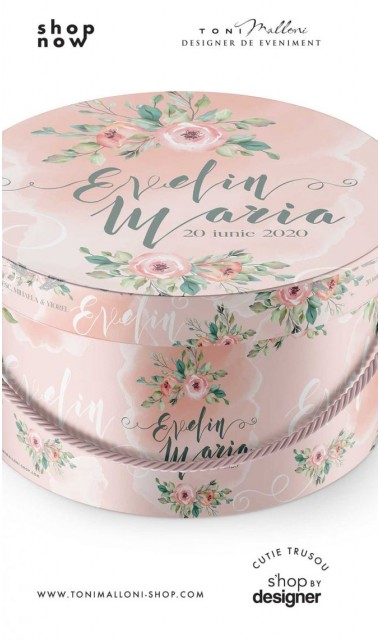 Cutie somon pentru trusou botez rotunda cu flori in stil boho 3